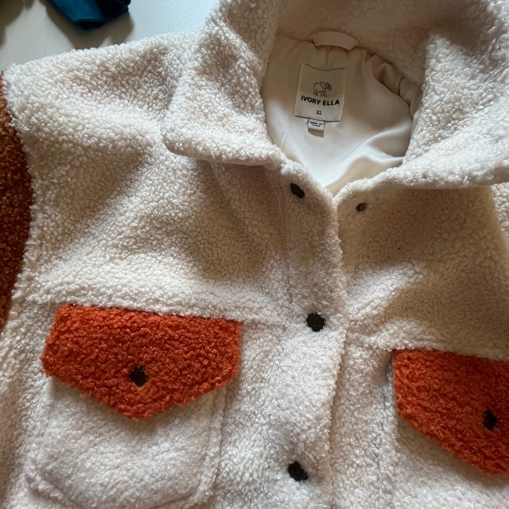 ivory ella Cream Sherpa Jacket with Brown and Orange Accents - Picture 2 of 6